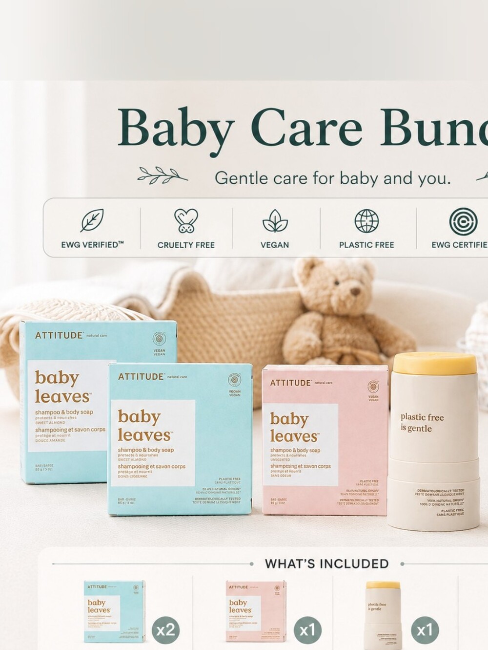 🌿 ATTITUDE Baby 4-Pc Bundle | 3 Shampoo & Body Bars + Nursing Balm | NEW